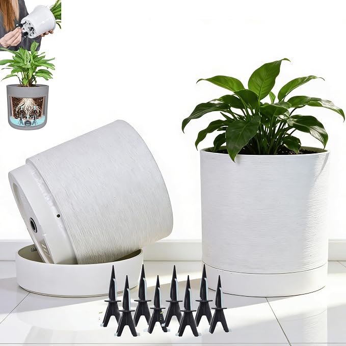 GreenShip Planter Set of 2 (13.8" & 11.8") – Cylinder Planters with Drainage Hole and Planter Saucer, Jun Porcelain Clay & Recycled Resin, Decorate Home,Office & Outdoor,White pots