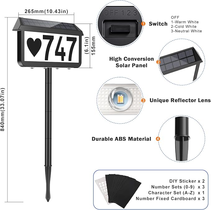 Brightever Solar Address Signs, House Number for Outside Waterproof, 3-Color LED Illuminated Address Plaques with Stake, Wall Mounted Solar Powered Light Up Address Numbers for Houses, 1-Pack
