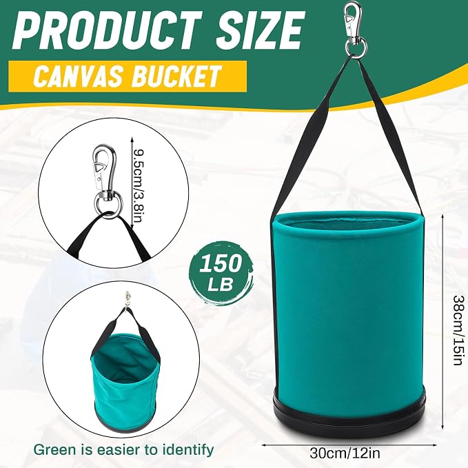 2 Pack Canvas Bucket 15" x 12" Heavy Duty Lineman Tool Bag with Plastic Bottom & Metal Hook Electrician Tool Organizer for Jobsite Use, Load Rated up to 150 Pounds (Turquoise)