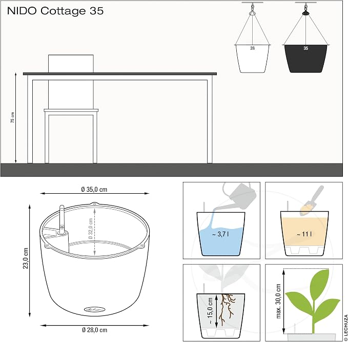 Lechuza Nido Cottage 35 Mocha, Self-Watering Hanging Planter, D13.8 H9.1 in
