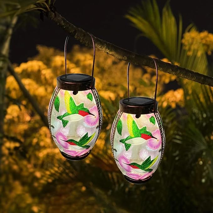 Hummingbird Solar Lanterns Glass & Metal Hanging Solar Lantern Outdoor Waterproof 13.8" H Tabletop Light for Garden Patio Table Decor Mother's Day Gift