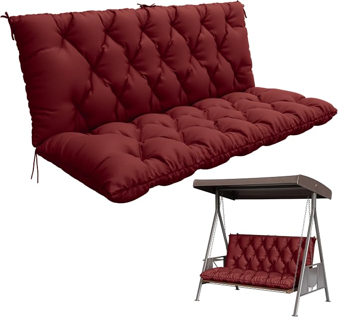 Porch Swing Cushion with Backrest,Waterproof Bench Cushion for Outdoor Furniture,2-3 Seater Replacement Thickened 5 in swing cushion,with Ties,Patio,Outdoor,Backyard and Garden (Burgundy,60x40 in)