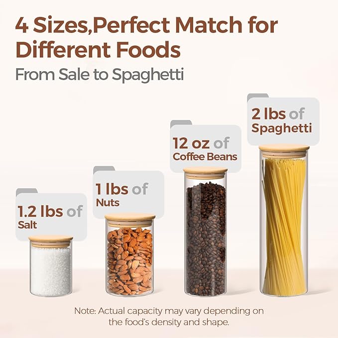 ComSaf Glass Storage Jars 6 Pack, Pasta Containers, Pantry Organization | Tall Glass Jar, Pasta Containers Storage Set of 6 (2Qt/1.1Qt/1Qt*2/0.5Qt*2), Glass Pantry Storage, Spaghetti Jar, BPA Free