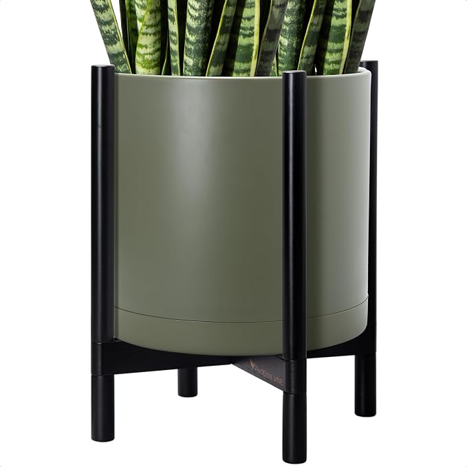 D'vine Dev Planter Pot with Stand - 16 Inch Plastic Cylinder Flower Pot with Wood Planter Holder for Indoor, Olive Pot + Ebony Stand, 55-C-Z-3