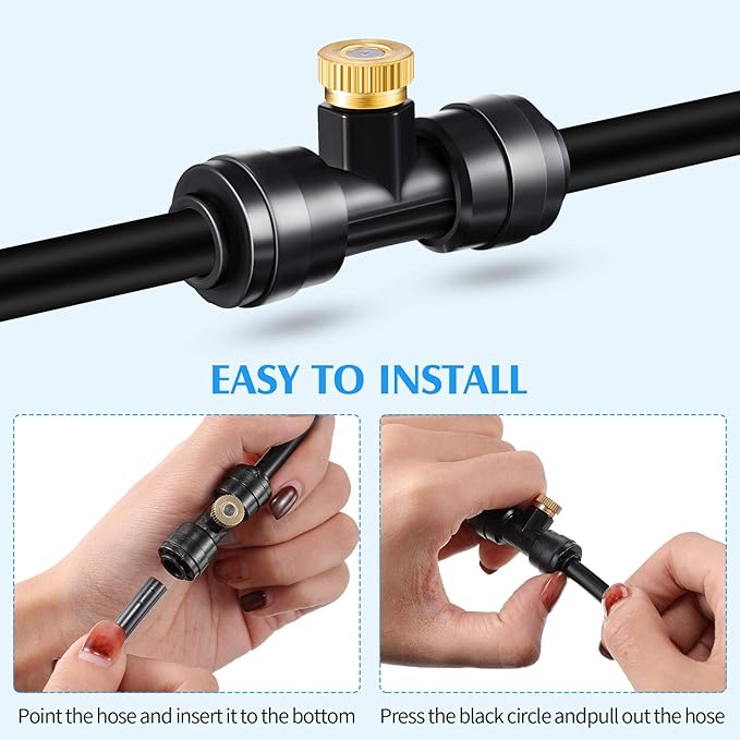 60 Pieces Brass Misting Nozzles Include Water Misting Tees Thread 1/4 Inch and Brass Orifice Nozzle with Black Plug for DIY Outdoor Patio Garden Backyard Cooling Spray System