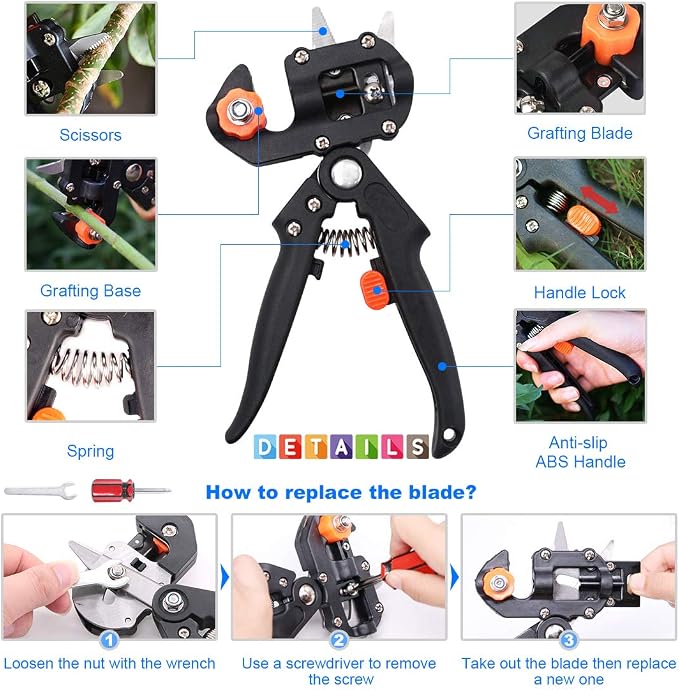 Glarks Professional Garden Fruit Tree Plant Pruning Shears Grafting Cutting Tool Kit with Grafting Tape Rubber Bands