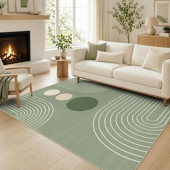 Boho Rug 4x6 Modern Geometric Minimalist Abstract Area Rug for Living Room Sage Green Mid Century Modern Contemporary Machine Washable Non-Slip Printed Low-Pile Carpet Dining Room Bedroom Office