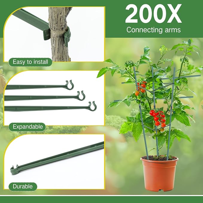 Geelin 200pcs Stake Arms for Tomato Cage Expandable Trellis Connectors for Tomato Cage Attach Plant Stakes Climbing Plants Garden Plants Vegetables (11.81in×0.43in)