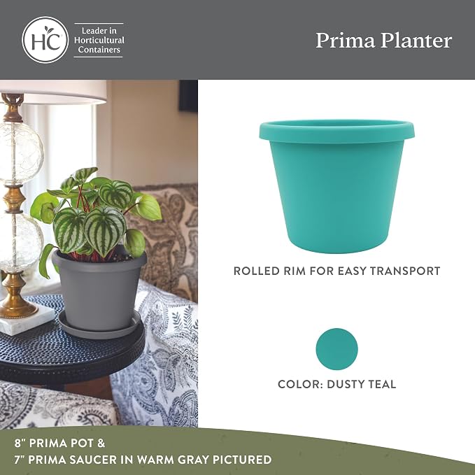 The HC Companies 6 Inch Prima Round Planter Pots with Drainage Holes and Rolled Rim, Lightweight UV-Resistant Plastic Indoor & Outdoor Planters, 4-Pack Flower Pots for Garden & Home Decor, Dusty Teal