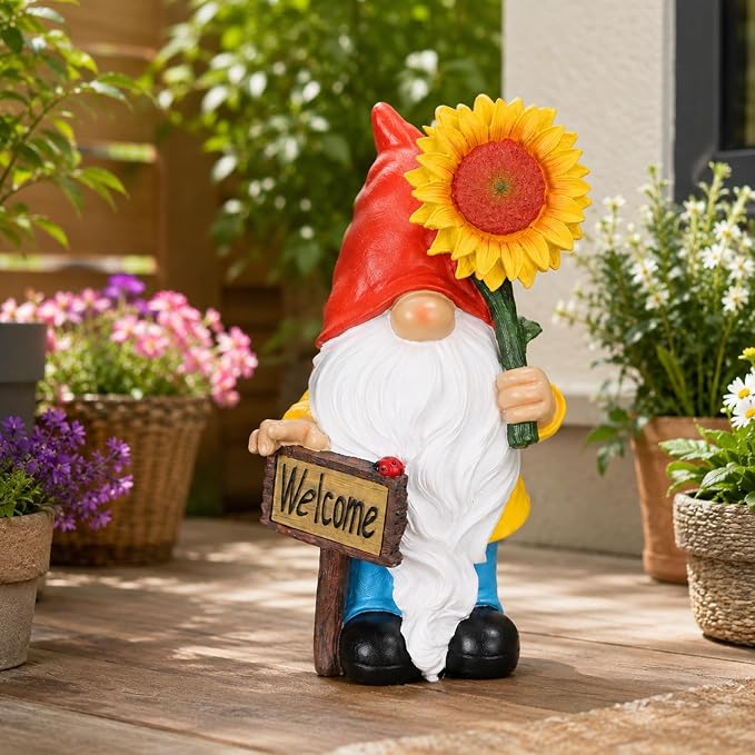 Solar Garden Gnome Outdoor Statue, 11.8" Resin Outdoor Gnome Garden Decor with Lighted Sunflower and Welcome Sign for Yard Patio Porch Lawn Decorations, Garden Gifts for Housewarming and Festivals