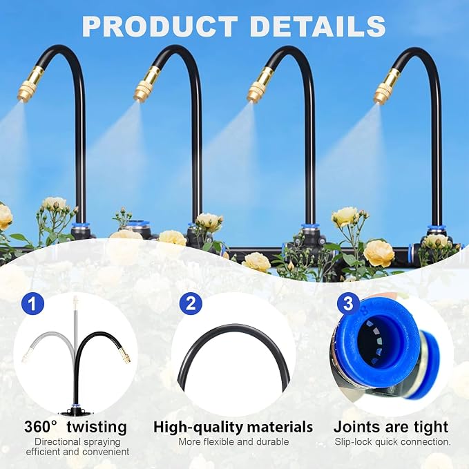 Upriver 15 Pcs Brass Misting Nozzles Tee with 8 Inch Built in Hose for 1/4"/6mm Tubing, 360° Rotation Adjustable Water Mister Nozzle Thread Sprayer for Garden Watering System