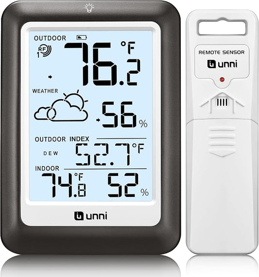 Indoor Outdoor Thermometer Wireless Weather Station, Temperature Humidity Monitor Battery Powered Inside Outside Thermometers with 330ft Range Remote Sensor and Backlight Display（Metal Black）
