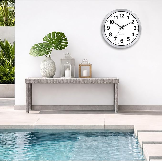 Caysie 16 Inch Sealed Indoor Outdoor Clocks Waterproof, Silent Battery Operated Quartz Metal Wall Clock for Patio Pool Bathroom Home (Silver)