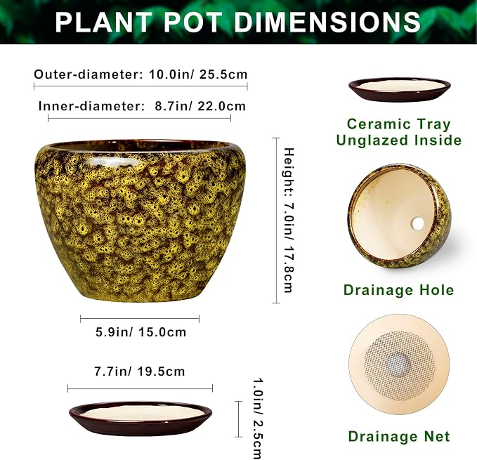 10 Inch Ceramic Plant Pot, Yellow Leopard | Indoor & Outdoor, Drainage Hole & Saucer, Round Planter, Modern Design, Garden Decor