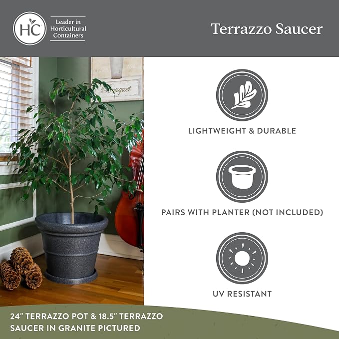 The HC Companies 18.5 Inch Terrazzo Round Plant Saucer, Lightweight UV-Resistant Plastic Outdoor & Indoor Flower Pot Tray, 1-Pack Plant Pot Trays for Garden & Home Decor, Black Granite