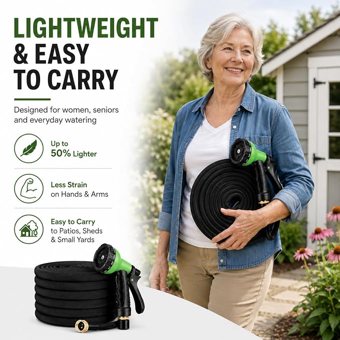 100FT Non-Expandable Garden Hose, Lightweight Flat Water Hose with 10-Function Spray Nozzle, 3/4" Metal Fittings, Kink-Resistant Easy Storage for Patio, Garden, RV, Small Yard, Car Wash, Black