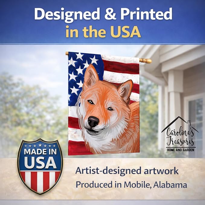 Caroline's Treasures CK6704CHF Shiba Inu Dog American Flag House Flag Large Porch Sleeve Pole Decorative Outside Yard Banner Artwork Wall Hanging, Polyester, House Size, Multicolor