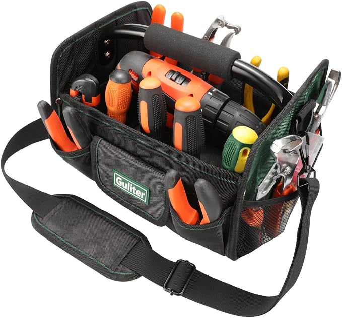 11 Inch Small Tool Bag, Open Top Tool Tote with Stainless Steel Handle and Adjustable Shoulder Strap,21 Pockets Electrician Tool Bags,Black/Green