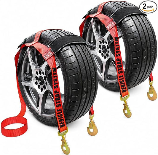 Boxer Pro Tow Dolly Basket Straps with Twisted Snap Hooks 2 Pack – Wheel Bonnet Tie Down System – 15”-19” Tires, 10,000lbs Breaking Strength with Rubber Sleeve Extra Security – Wheel Car Basket