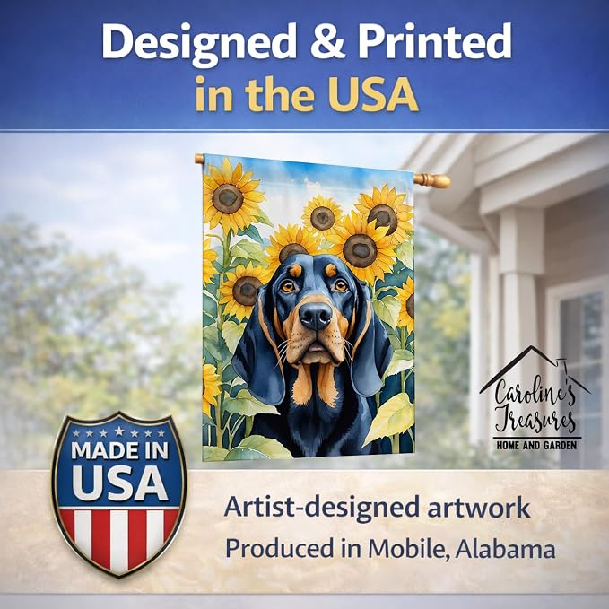 Caroline's Treasures DAC6028CHF Black and Tan Coonhound in Sunflowers House Flag Large Porch Sleeve Pole Decorative Outside Yard Banner Artwork Wall Hanging, Polyester, House Size, Multicolor