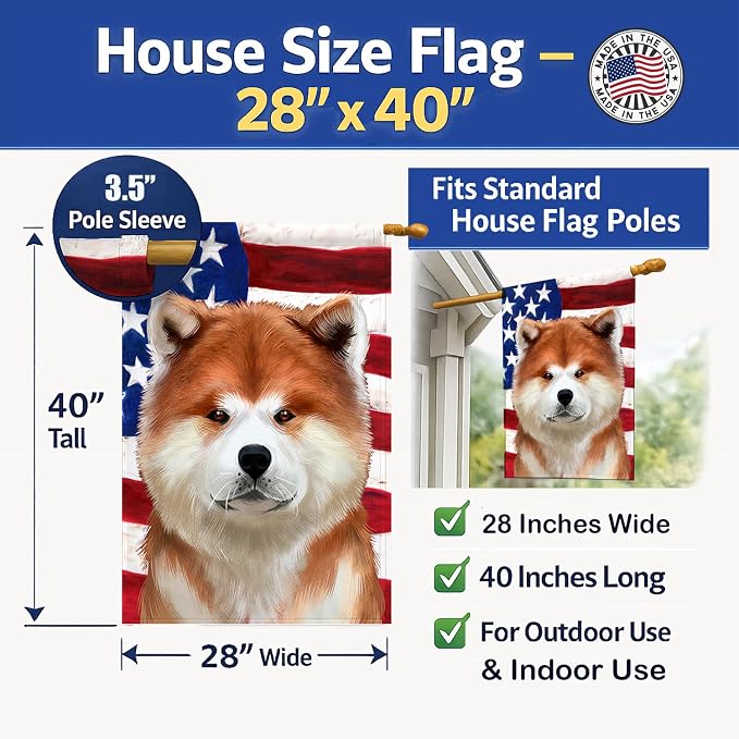 Caroline's Treasures CK6387CHF Akita American Flag House Flag Large Porch Sleeve Pole Decorative Outside Yard Banner Artwork Wall Hanging, Polyester, House Size, Multicolor