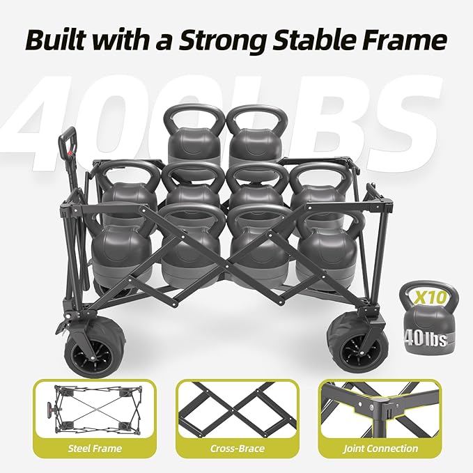 EchoSmile Collapsible Folding Wagon Cart with Compact Storage - 400Lbs Capacity All Terrain Utility Cart for Camping, Beach, Grocery, Garden,Green