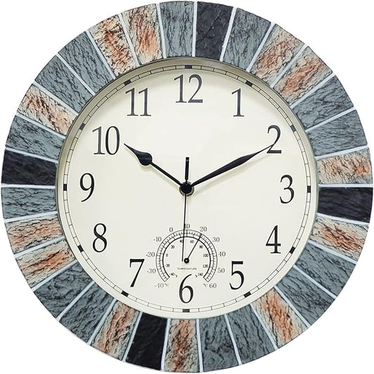 UMEXUS Outdoor Clock with Thermometer, 13 Inch Retro Large Waterproof Wall Clocks Indoor Silent Non-Ticking Battery Operated Weatherproof Decor for Patio Garden Pool Mother Gift
