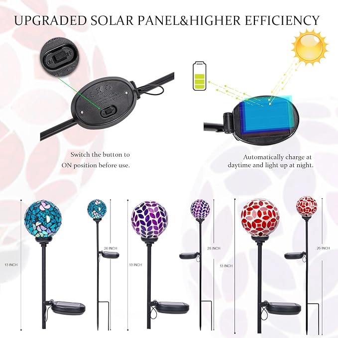 VCUTEKA Decorative Solar Garden Lights, 3.5" Mosaic Globe Stake 3 Pack | Mosaic Glass Design, Solar LED Light, Weather Resistant, Auto On/Off and Metal Stake Design for Lawn and Patio