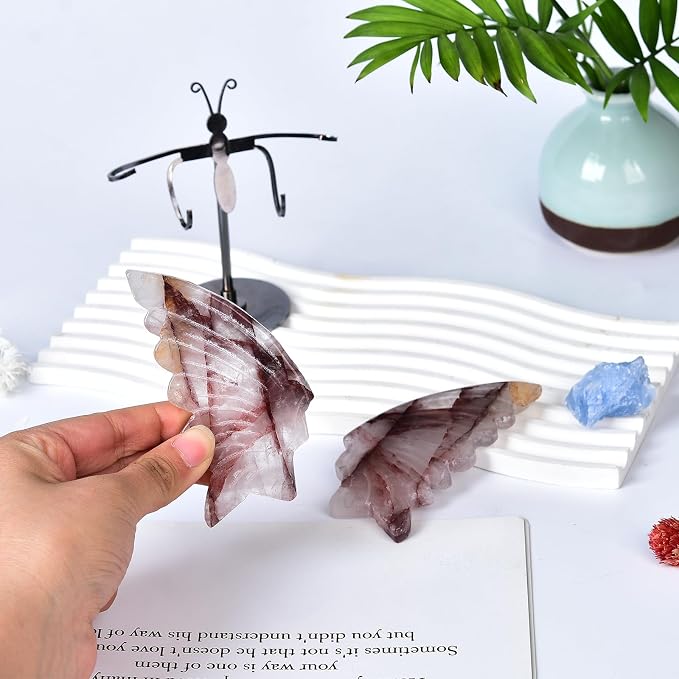 JIC Gem Hematoid Quartz Crystal Stone Butterfly Art Decorative Healing Crystal Slices Carved Angel Wings with Silver Stand Office Home Decor Reiki Gifts (1pair, 10cm)