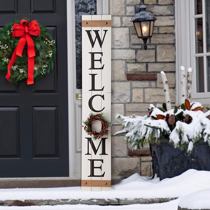Glitzhome 60”H Welcome Sign with 4 Interchangeable Floral Wreaths for Front Door Porch Farmhouse Wooden Hanging Wall Sign for Seasons Spring Fall Harvest Thanksgiving Christmas
