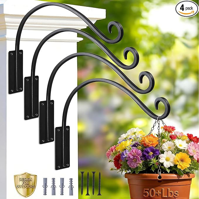 Heavy Duty 12 Inch Plant Hangers Bracket Outdoor, 50lbs Weight Capacity-4 Pack Metal Wall Hooks for Hanging Plants, Bird Feeder, Wind Chime, Wall Decor, Plant Hanger Hooks for Hanging Flower Baskets
