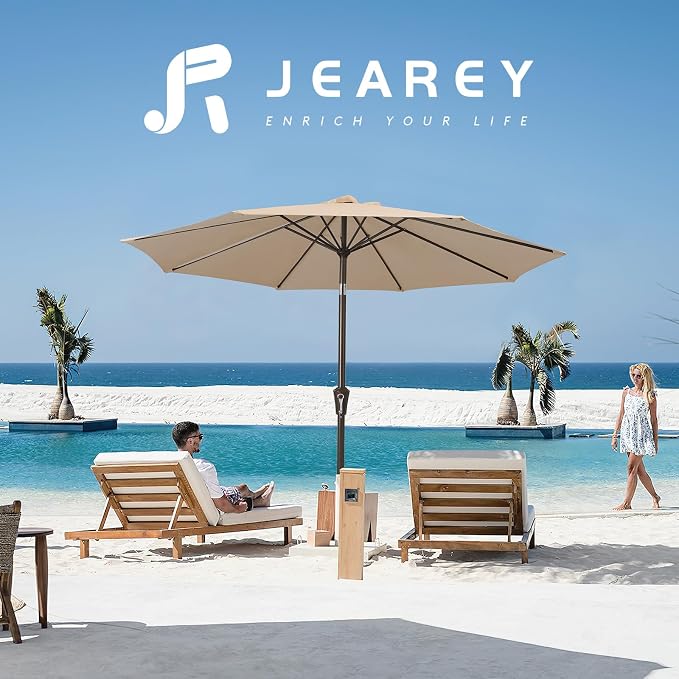 JEAREY 10FT Outdoor Patio Umbrella Outdoor Table Umbrella with Push Button Tilt and Crank, Market Umbrella 8 Sturdy Ribs UV Protection Waterproof for Pool, Garden (Beige)
