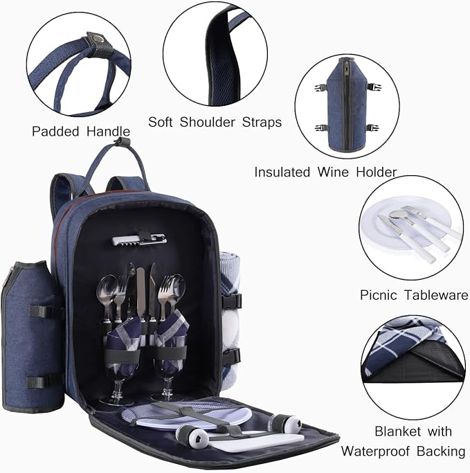 ALLCAMP OUTDOOR GEAR Picnic Backpack for 2 Person Set W/Detachable Bottle/Wine Holder, Fleece Blanket, Plates and Cutlery Set (Blue)
