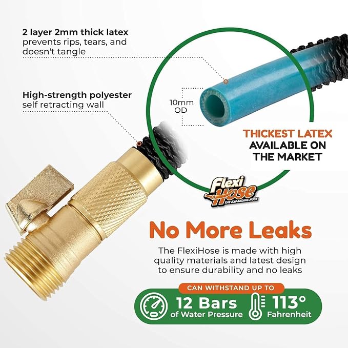 Flexi Hose Plus Expandable Garden Hose with 8 Function Nozzle, 75FT - Lightweight Retractable Garden Hose, Water Hose - No-Kink Flexibility, 3/4 Inch Solid Brass Fittings Includes Hook & Bag