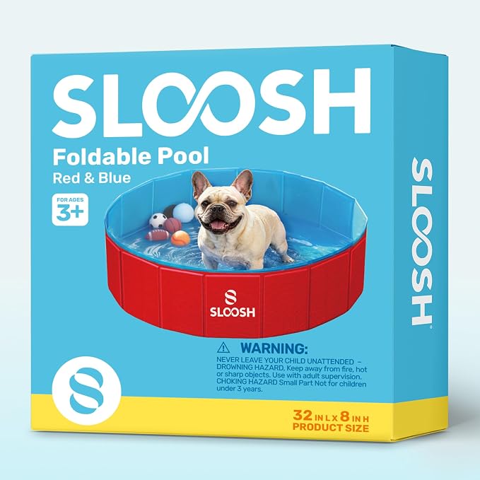 Sloosh Foldable Dog Kiddie Pool - Portable Hard Plastic Doggie Swimming Pool, Anti-Slip Collapsible Pets Bath Tub Suitable for Kids Toddler Indoor Outdoor Backyard Use (Red, 32" x 8")