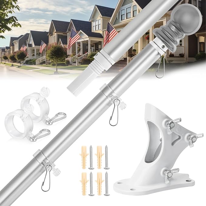 Flag Pole for Outside House – 6FT Aluminum Flagpole Kit with Wall Mount Bracket – Heavy Duty Flag Pole Holder for Residential or Commercial Outdoor Use – Fits 3x5 American Flags