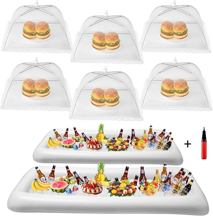 HBlife Inflatable Serving Bar & Mesh Food Cover Combo Set, Party Supplies for Buffet Food Drink Outside, 2 Inflatable Cooler, 6 Food Tents/Food Covers for Outdoors