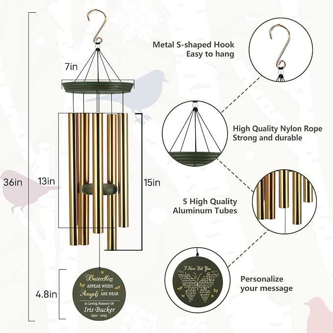 ASTARIN Memorial Wind Chimes Personalized, Bereavement Gift Ideas for Sympathy Loss of Lover Mother Father, 36 inch Deep Tone Wind Chimes Patio Decoration, in Memory of Loved One Gift(Made in Texas)