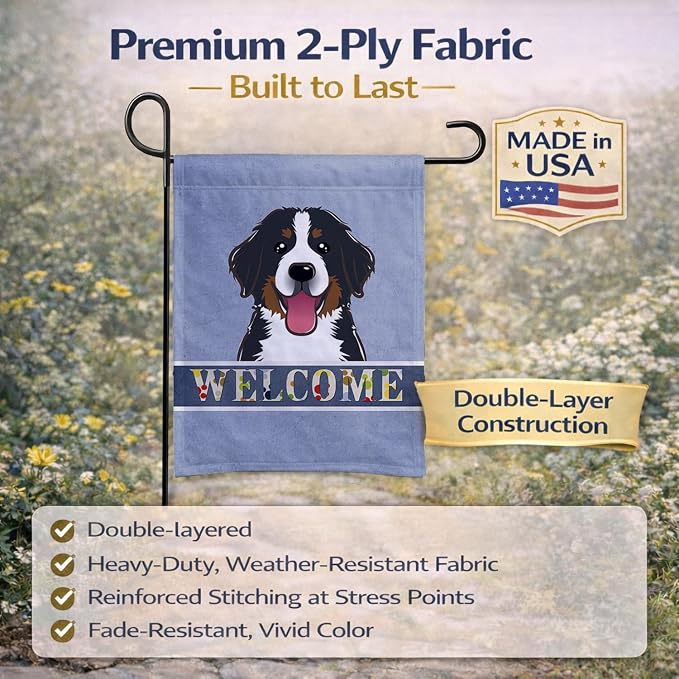 Caroline's Treasures BB1423GF Bernese Mountain Dog Welcome Garden Flag, Blue Mailbox Flag Decorative Yard Flag Banner Outside Patio Artwork Yard Flower Beds, Garden Size, Multicolor