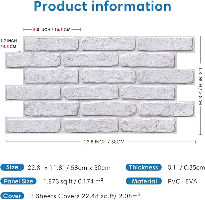 COMSTICKC 3D Faux Brick Wall Panel Peel and Stick Wall Covering, White with Gray Spots, 12 Pcs of 22.8" x 11.8", UrltraLight PVC 3D Brick Wall Stickers Decorative Tiles for Indoor Deocr, 22.48 sq.ft