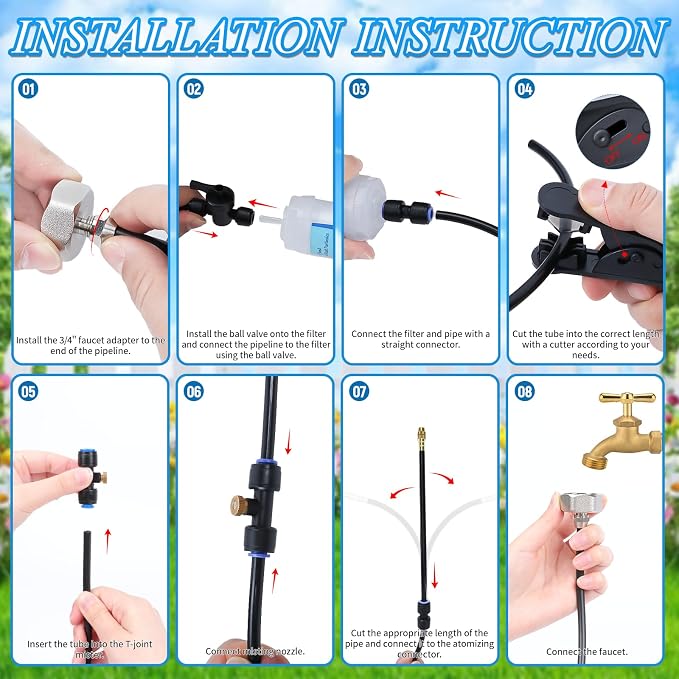 AC Condenser Misting Cooling System Includes Water Filter Cutter, Air Conditioner Cooler System Evaporative Cooling Kit for Residential AC Units, Sun-Exposed Condensers&High-Temperature Climate Homes