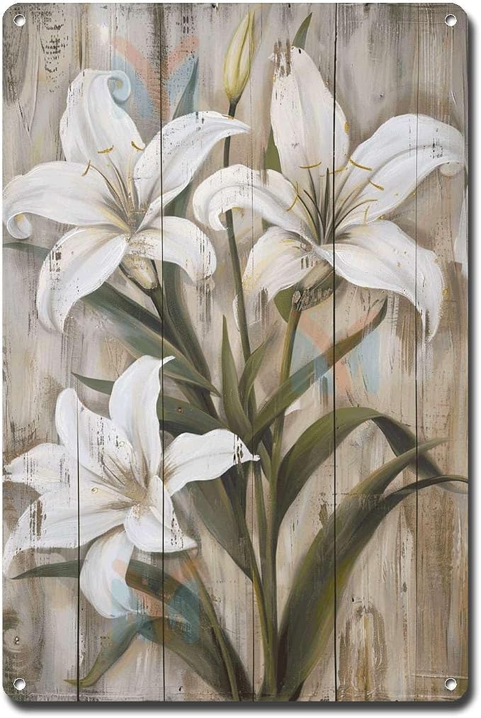 Metal Sign Tin Sign Vintage Wall Art Rustic Charm Lilies Tin Sign for Easy Installation Weather Resistant Design and Vintage Aesthetic Inspirational Wall Art for Bar 12×16 Inches