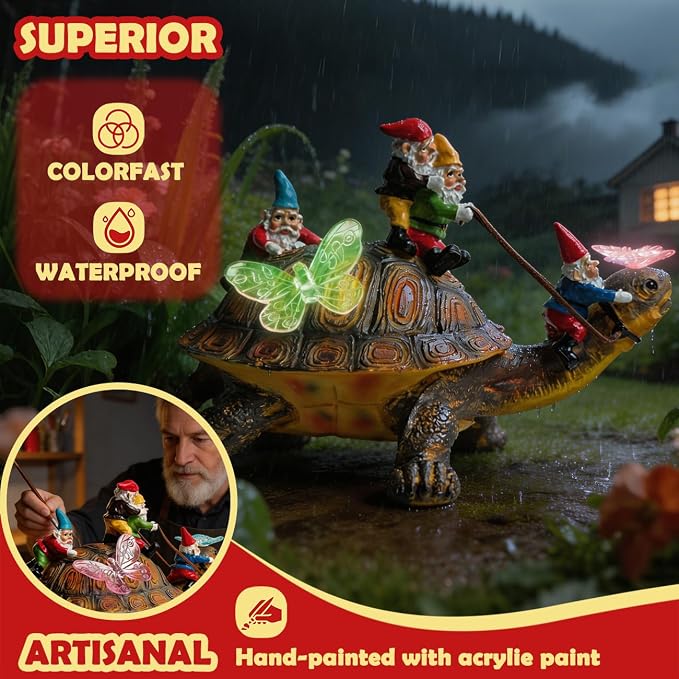 Sunthus Funny Garden Gnome with Solar Light Yard Art Resin Figurine Décor | Turtle Statue For Outdoor Garden Decorations
