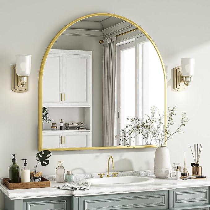 Wide Arched Wall Mirror, 31 x 32 inch Arch Bathroom Mirror Gold | Wall Mounted Bathroom Vanity Mirror with Arch Metal Frame, Modern Room Decor for Bedroom, Entryway, Hanging or Leaning