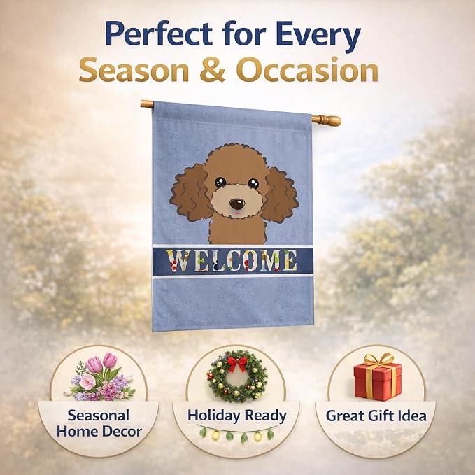 Caroline's Treasures BB1442CHF Chocolate Brown Poodle Welcome House Flag, Blue Large Porch Sleeve Pole Decorative Outside Yard Banner Artwork Wall Hanging, Polyester, House Size, Multicolor