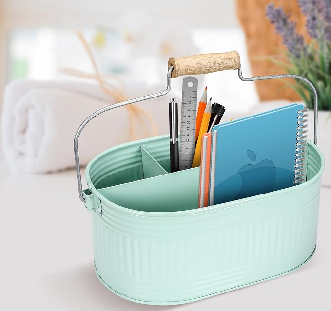 Alpha Living Home Farmhouse Utensil Caddy Carry-All Serveware-Galvanized Metal Organizer for Kitchen Counter-Comfort Wooden Handle In/Outdoor Storage For Flatware,Condiments,Party Cutlery,Arts-TEAL