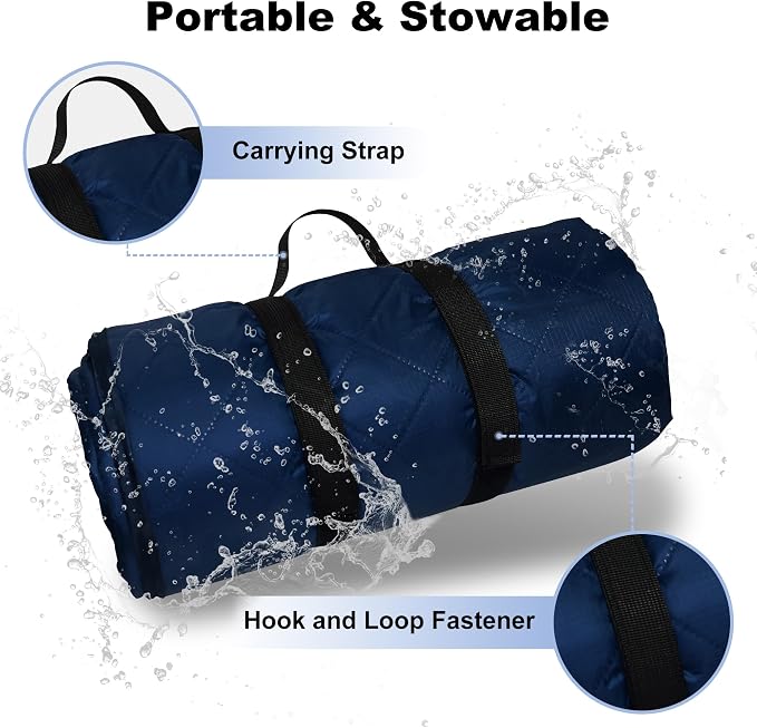 Waterproof Outdoor Blanket 92"x60" Large Quilted Fleece 300GSM Navy | Stadium Blankets for Camping, Packable, Windproof Emergency Throw for Grass Picnic Hiking Road Trip, Machine Washable