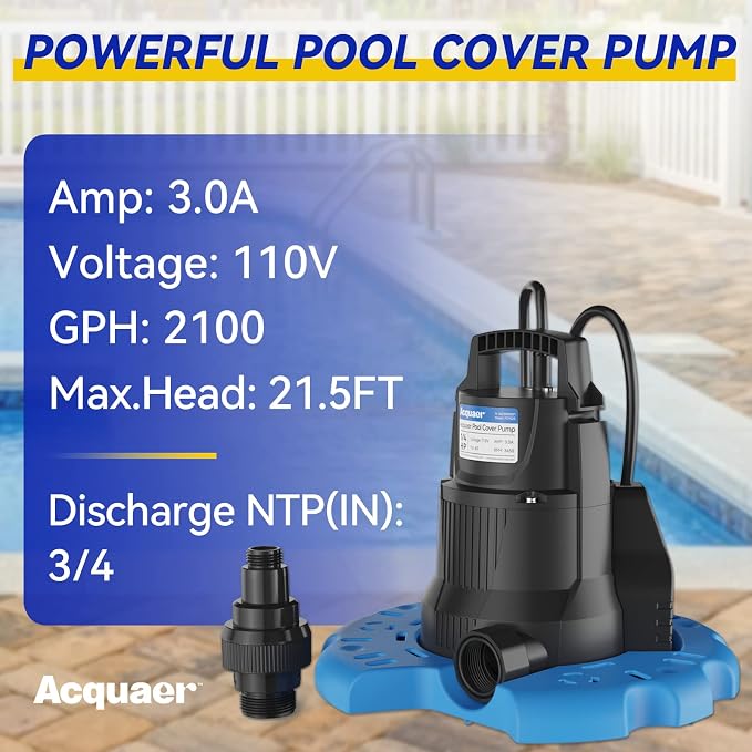 Acquaer 1/4 HP Automatic Pool Cover Pump, 2950 GPH, 115V, 25ft Cord | Submersible Water Pump with 3/4” Check Valve Adapter & 25ft Power Cord, Water Removal for Pool, Hot Tubs, Rooftops, Water Bed