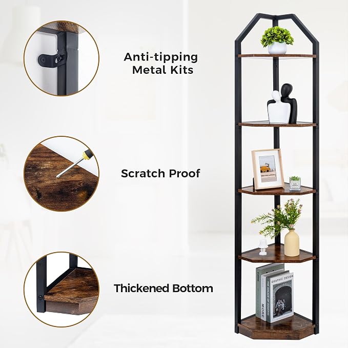 Fun Memories 5 Tier Corner Shelf, 70” Corner Shelf Stand, Corner Bookshelf Plant Stand, Storage Shelf for Bathroom, Living Room, Kitchen,Home Office, Brown