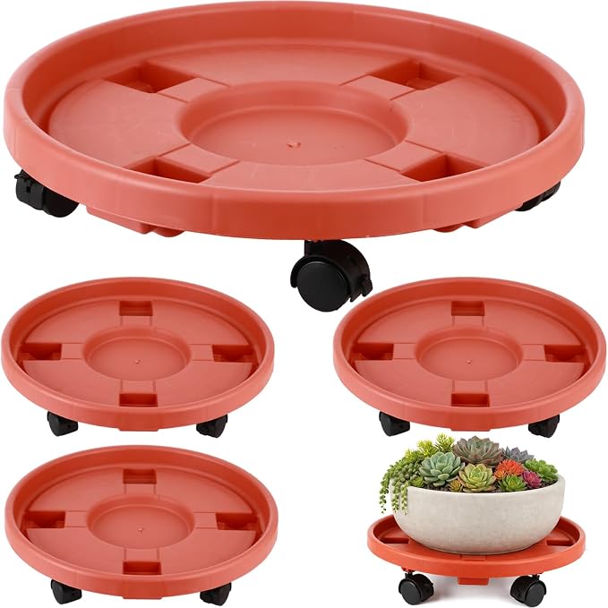 4-pack 16" Extra-large Plant Caddy with Wheels Plastic Plant Dolly with Casters Flower Pot Mover Rollers Wheeled Rolling Plant Stand Round Plant Saucer Indoor Outdoor Base Coasters, Terracotta red